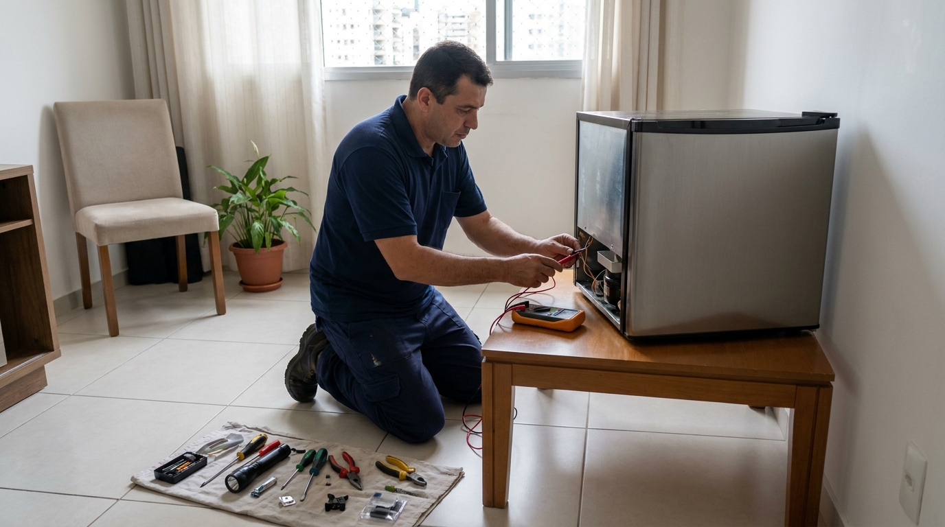 Técnico fazendo manutenção do motor de frigobar em Belo Horizonte‑MG