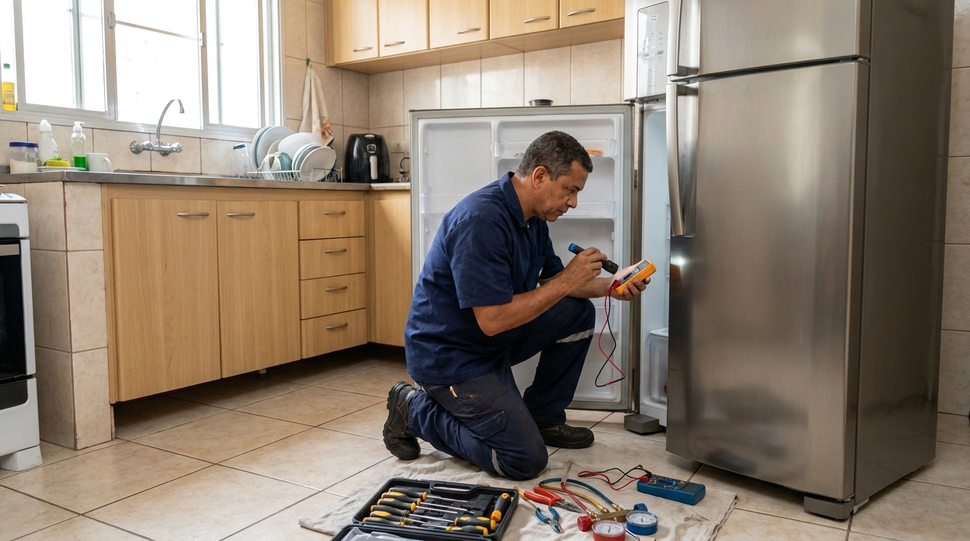 Técnico aplicando recarga de gás refrigerante em geladeira em Belo Horizonte‑MG